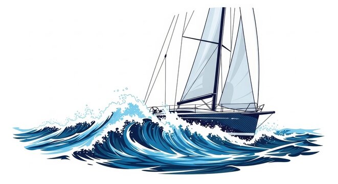 Sailing - Modern Racing Sailboat Navigating Rough Ocean Waves in Stormy Blue Sea Vector Illustration