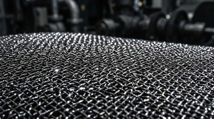 Fototapeta premium Industrial metal mesh texture with sparkling light reflections on its intricate weave.
