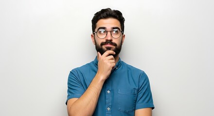 Obraz premium Thoughtful Man in Teal Shirt Contemplating, Studio Portrait.
