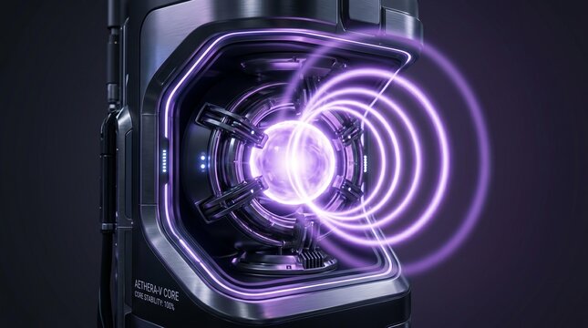 Futuristic energy core generating radiant purple light and electromagnetic field waves