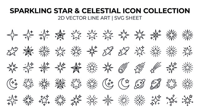 Sparkling stars and celestial icons in minimalist line art style