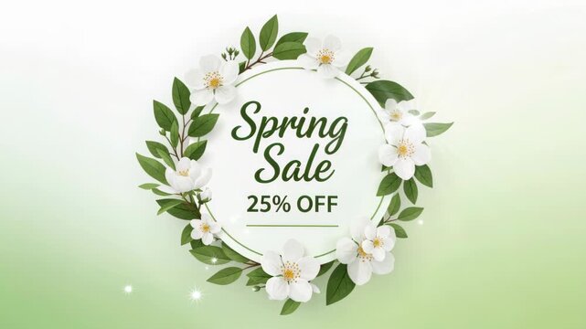 Spring Sale Wreath: A beautiful circular wreath crafted from green leaves and white blossoms encircles the text Spring Sale 25% OFF, signifying a seasonal promotion with a fresh and floral aesthetic.