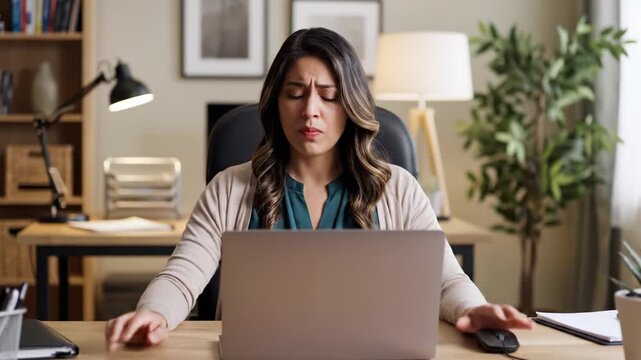 Woman greets someone then shows frustration and distress while using laptop. Highlights emotional ups and downs of remote work. Great for business and health articles.
