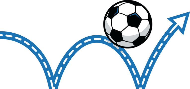 Soccer ball bouncing on blue arrow path vector, football sports growth and success concept, dynamic motion trajectory with dashed line