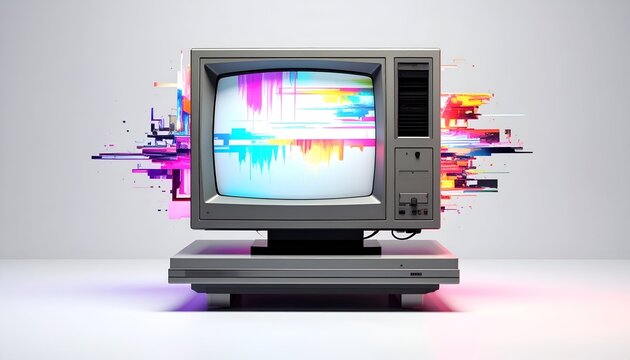 An old-fashioned CRT television with colorful digital glitch effects emanating from its screen
