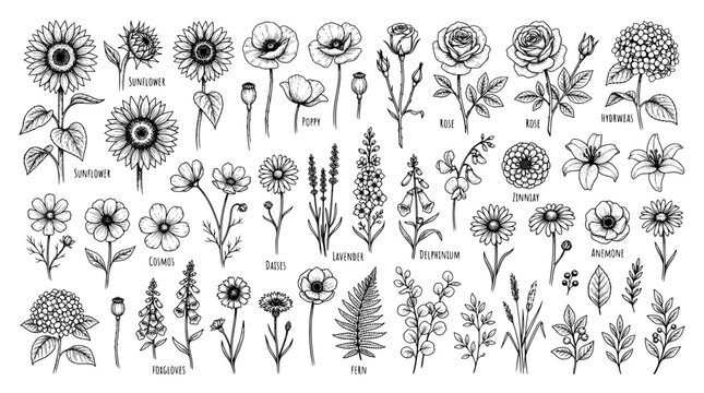 Set of hand drawn flowers and plants