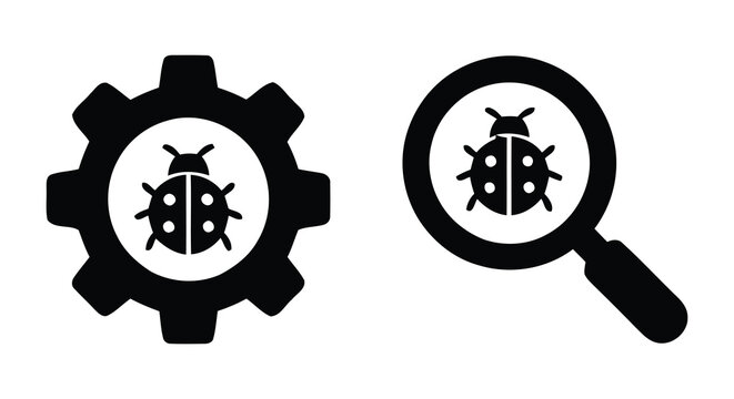 Ladybug within gear and magnifying glass silhouettes black flat icons on a white background application bug circle circular code coding computer