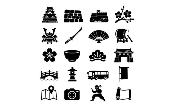 Samurai castle and Japan tourism icon set