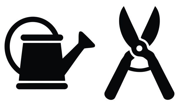 Watering can and pruning shears silhouette against a white background a simple gardening tool illustration tools trimming cutting sprinkler irrigation horticulture