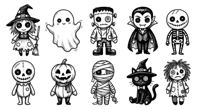 Set of cute halloween characters, handdrawn vector illustration