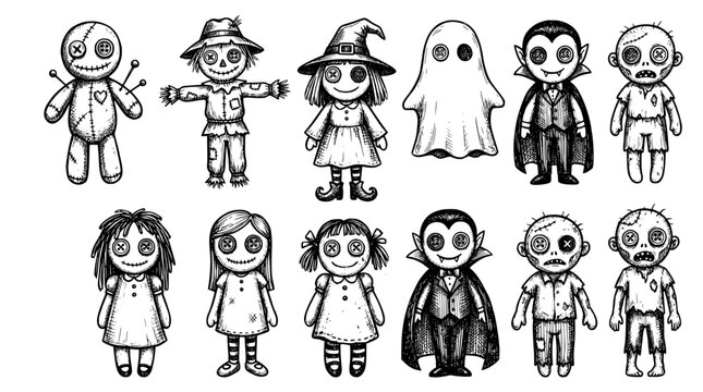 Set of cute halloween dolls, voodoo doll, scarecrow, witch, ghost, vampire