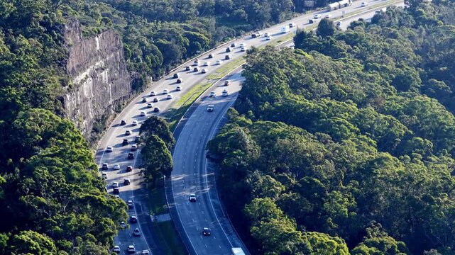 Turns of M1 in Australia to Sydney heavy holiday traffic congestion cars slow driving.