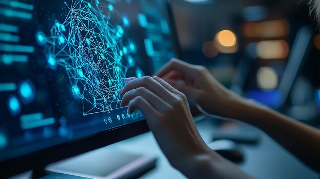 female hands adjusting parameter sliders on a machine learning interface with a neural network visualization on an ultrawide monitor