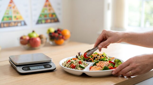 female hands using tongs to arrange colorful healthy food portions on a divided white plate beside a digital kitchen scale displaying grams