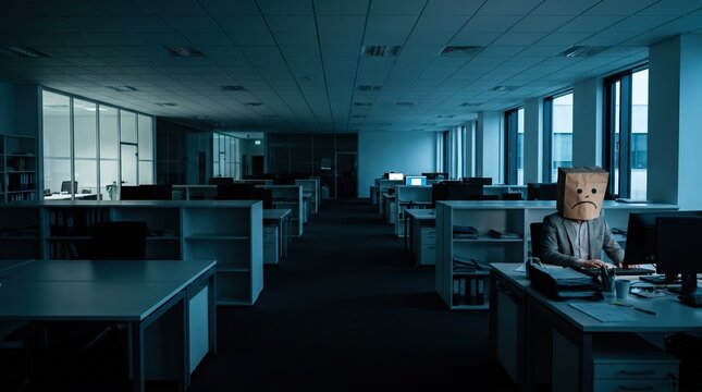 Employee wearing paper bag with sad face drawing working late in dark empty office for workplace mental health and burnout topics