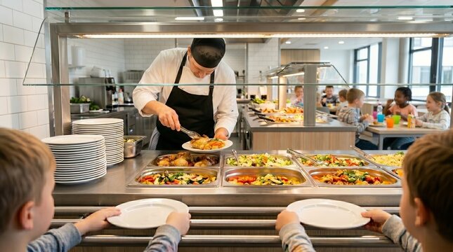 Professional male chef serving a healthy hot lunch to children in a modern school cafeteria. Kids holding empty plates at the buffet counter waiting for food, while other students eat in the backgroun