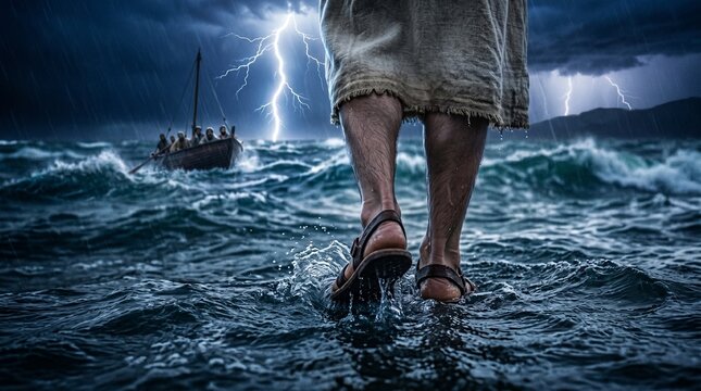 Low angle view of Jesus Christ walking on stormy water towards a wooden boat with disciples. Dramatic biblical miracle scene with dark clouds, big waves, and lightning strikes. Generative AI.