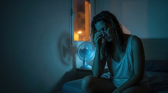 Tired woman sitting on bed at night rubbing eyes in dark room with fan for insomnia heatwave and menopause symptom themes