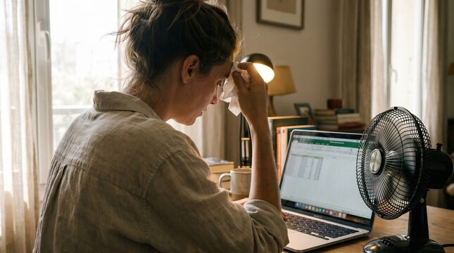 Exhausted woman working on laptop at desk during heatwave wiping sweat from forehead with electric fan for summer cooling and remote work