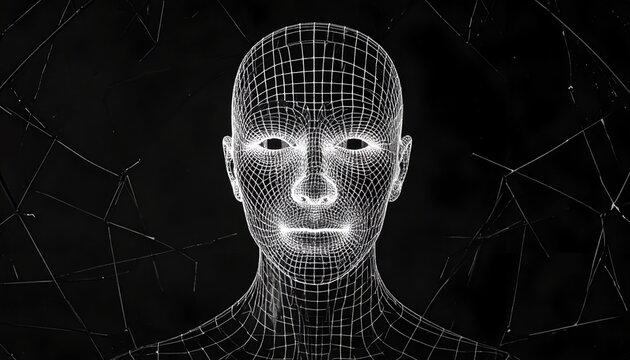 A grayscale image of a human-like wireframe face against a dark background with scattered lines