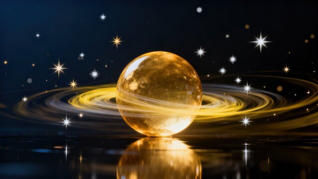 Golden planet with rings in space