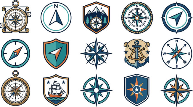 Compass and Navigation Badge Collection with Maritime Emblems, Direction Symbols, Adventure Logos, Nautical Icons, and Travel Vector Set