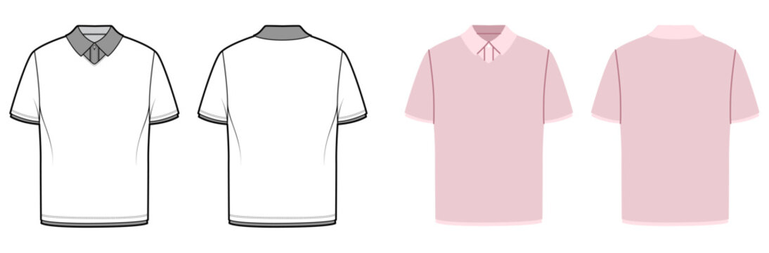 Minimal polo shirt with clean collar, short sleeves smooth silhouette simple placket detail and refined structure. Technical fashion illustration in black and white color, front back views. Vector
