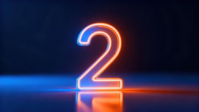 Neon number two glowing on dark surface