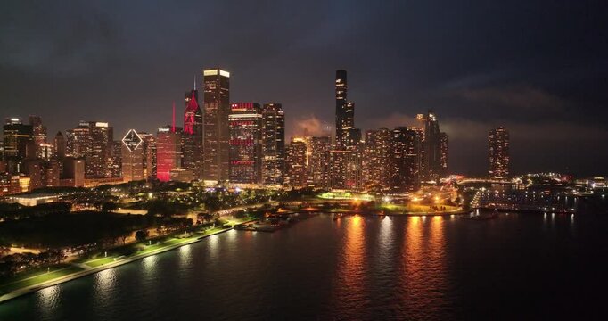  Aerial Night View Downtown Chicago Skyline Lake Michigan Waterfront City Lights Illinois USA