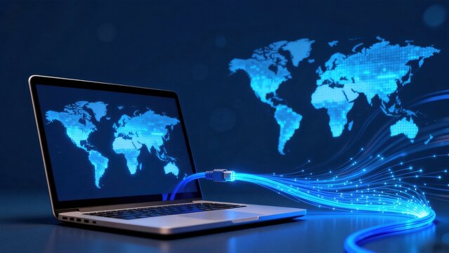 Laptop with glowing world map and fiber optic cable