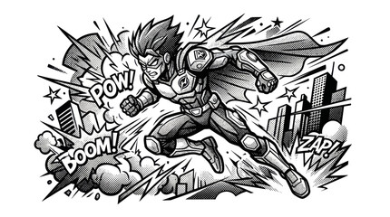 Superhero in dynamic action pose with comic book sound effects © Hijau