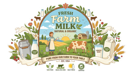 Fresh farm milk label with grazing cow and female farmer © Hijau