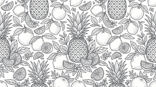 Tropical fruit seamless pattern with pineapples and citrus slices