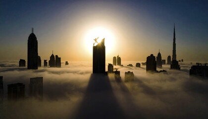 Obraz premium City scape emerging from a dense enveloping fog in sunrise and skyscrapers piercing the haze, big metropolis with skyline, mist on ground, blue sky, city in an aerial view, AI generated