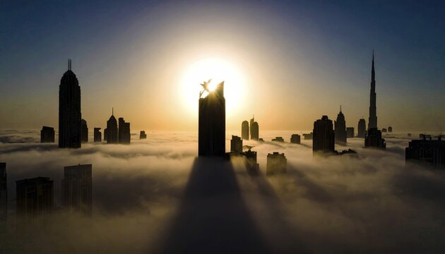 City scape emerging from a dense enveloping fog in sunrise and skyscrapers piercing the haze, big metropolis with skyline, mist on ground, blue sky, city in an aerial view, AI generated