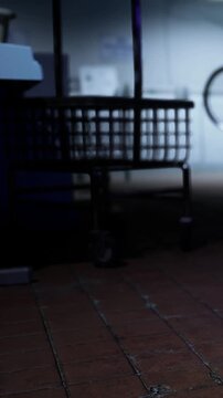 A shopping cart remains in a dark corner of a store as employees prepare to close. The area shows signs of a busy day with items scattered and light dimming.