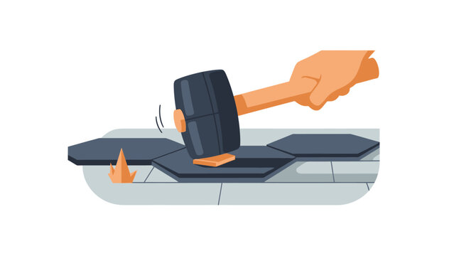 Hand with Mallet Installing Hexagonal Floor Tiles Vector Illustration