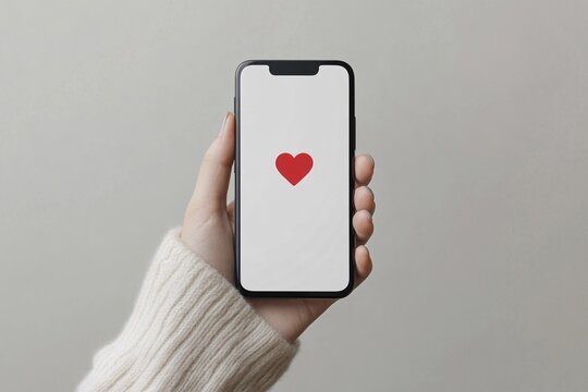 Woman's hand holding mobile phone with small red heart on display. Dating app concept . Generative Ai, AI generated