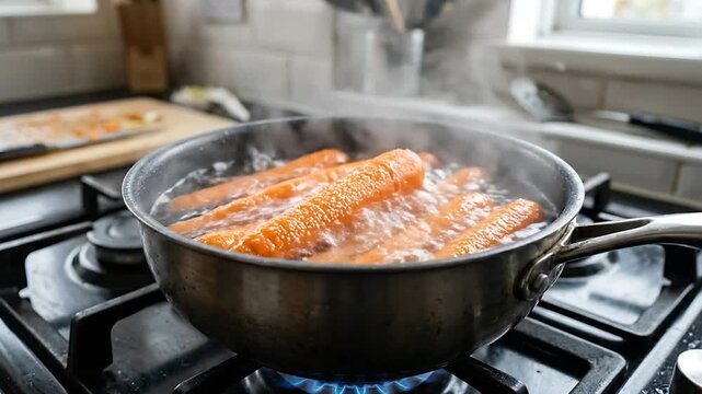 Cooking Salmon Fillets in a Non-Stick Pan on Gas Stove for Perfectly Flavored Meal