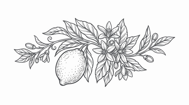 Vintage lemon branch with blooming flowers and ripe citrus fruit