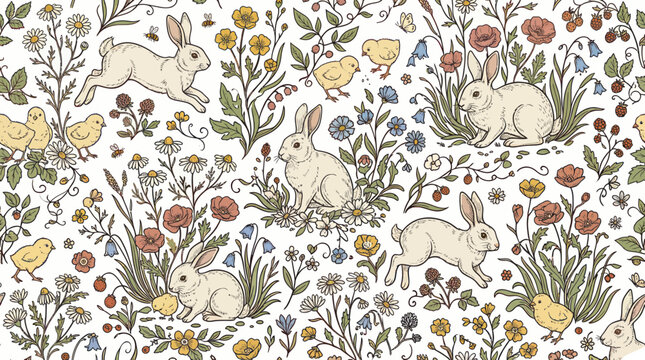 Rabbits and chicks in a spring floral meadow seamless pattern