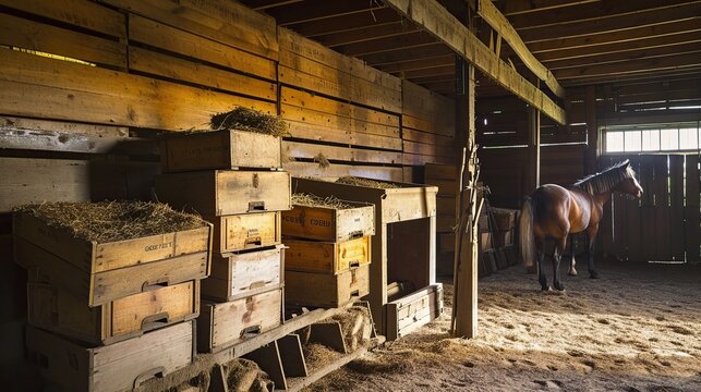 Interior of a rustic wooden barn with stacked crates and a horse in the distance