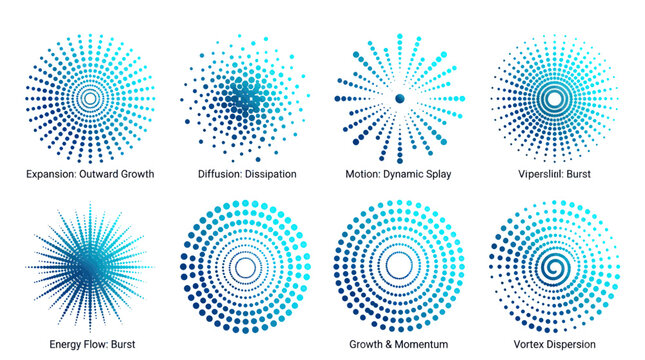 Radial halftone dot patterns with blue gradient circular shapes