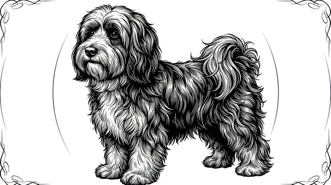 Havanese dog standing in detailed vintage woodcut style