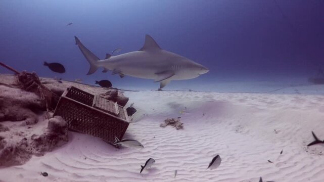 A big bull shark (carcharinus leucas) swims over the sandbank