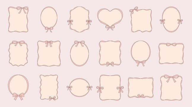 Decorative Bow Frame Set, Vector Illustration. Feminine Frame Collection with Oval, Round, Heart, Ornamental Label Shapes, Ribbon Bow Frames for Wedding Invitations, Cards, Branding