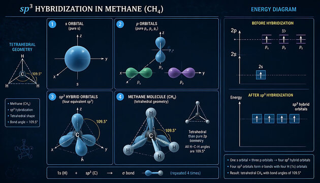 Scientific Diagram Explaining the sp3 Hybridization Process and Tetrahedral Molecular Geometry of Methane Chemistry