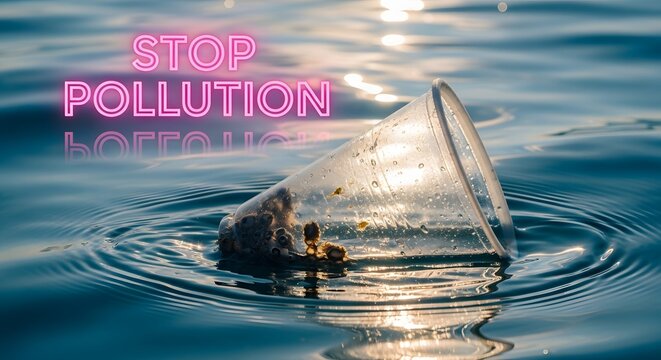 Stop Pollution Plastic Cup Floating in Ocean Water Environmental Message