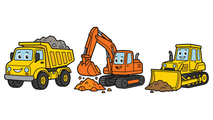 Cartoon construction vehicles set with cute excavator dump truck and bulldozer characters. © Md
