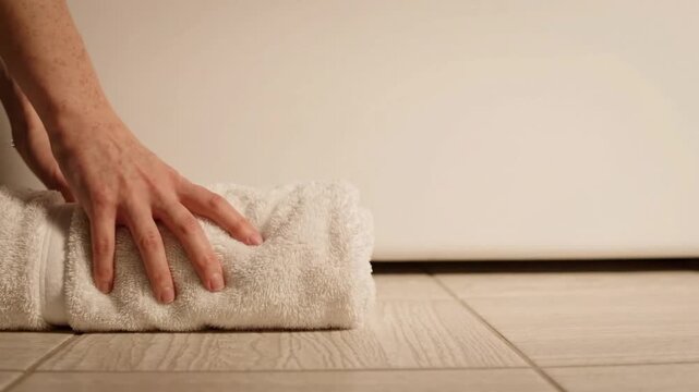 A person cleaning a tiled floor with a white towel in a modern home